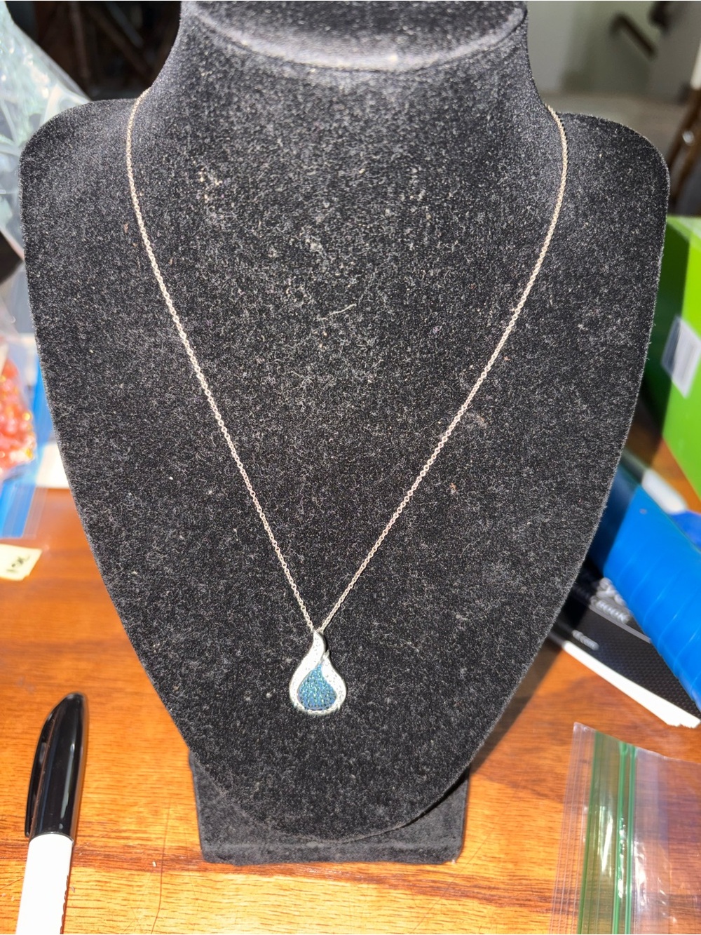 Silver Necklace with Teardrop Blue Druzy Pendant 10 1/4 Inch